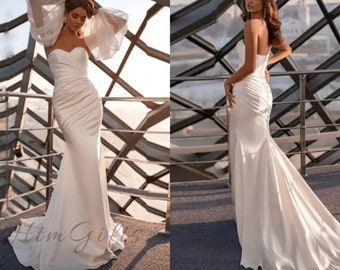 Chic Eleganz Einfache Falte Meerjungfrau Brautkleid mit Sweetheart Ausschnitt, abnehmbare Puff Ärmel, und Backless Design