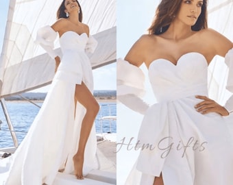 Chic And Elegant Satin A-Line Wedding Dress, 3/4 Sleeves, High Side Split, Bow Back For Timeless Bride Gown