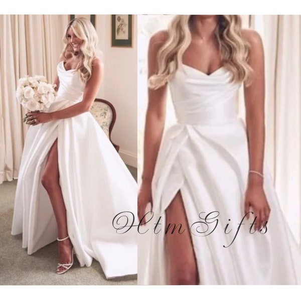Elegant Pleat Sweetheart A-Line Wedding Dress with Side Slit - Satin Appliqued Bridal Gown for Women