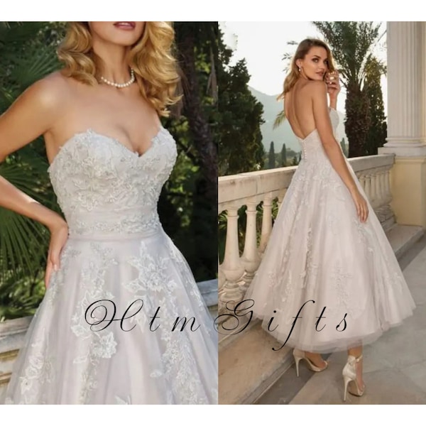 Exquisite Mid-Calf Organza Strapless Wedding Dress with Lace Appliques and Court Train – Stunning Bridal Gown for Women