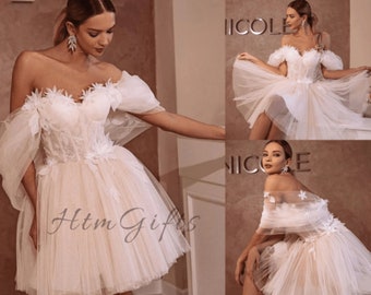 Sweetheart Off-The-Shoulder Short Wedding Dress With Backless Design Knee-Length Bridal Gown Adorned With 3D Flowers And Tulle