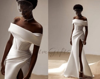 Elegant Boat Neck Off Shoulder Wedding Dress High Side Split Satin Bridal Gown