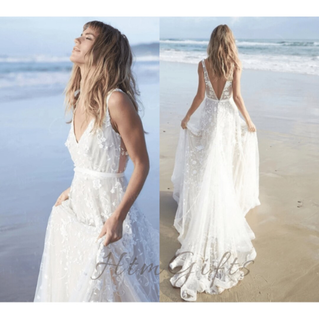 Boho Lace Beach Wedding Dress Open Back V-neck Bridal Gown With ...