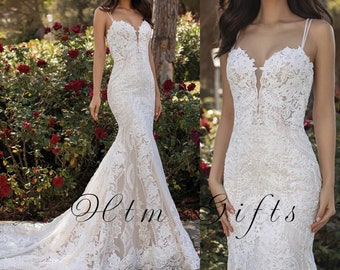 Stunning Couture Mermaid Wedding Dress - Lace Bridal Gown with V-Neck, Spaghetti Straps, and Backless Design