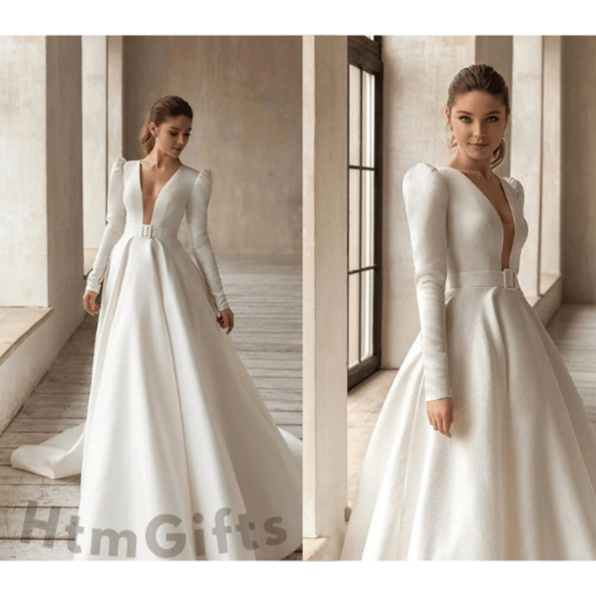 Elegant Satin A-line Wedding Gowns, Classic V-neck Bridal Dresses With ...