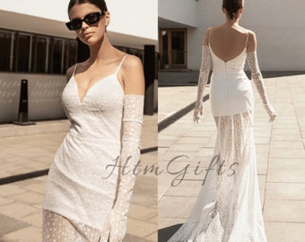 Atemberaubendes Strand-Etui-Hochzeitskleid mit V-Ausschnitt, Reißverschluss zurück, bodenlanges Brautkleid mit Spaghetti-Trägern und weißen Punktdetails