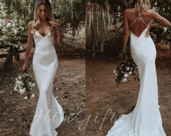 Radiant Elegance Floor Length, V-Neck Spaghetti Straps Sleeveless Backless Mermaid Wedding Dress
