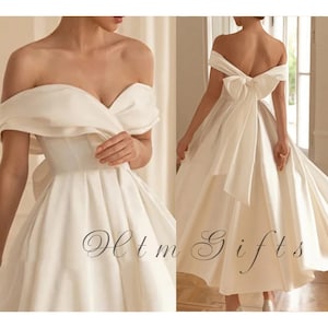 Tea Length Off-The-Shoulder Wedding Dress with Sweetheart Neckline, Big Bow Back, and Satin Finish