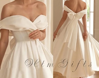 Tea Length Off-The-Shoulder Wedding Dress with Sweetheart Neckline, Big Bow Back, and Satin Finish