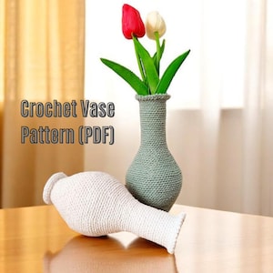 May include: Two crocheted vases, one white and one green, with a bouquet of red and white flowers. Crochet Vase Pattern (PDF) is written on the image.