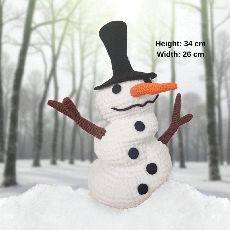 May include: A handcrafted snowman with a black top hat, an orange carrot nose, and brown twig arms. The snowman is white with black button eyes and a stitched mouth. It measures 13.4 inches tall and 10.2 inches wide, perfect for winter decor.