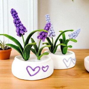 Peut inclure: Arrangements de fleurs crochetées dans des pots blancs. Les fleurs sont violettes et violet clair, avec des feuilles vertes. Les pots ont des motifs de cœurs violets. L'arrangement est sur une surface en bois.
