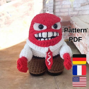 Wzór na szydełko amigurumi inspirowany gniewem z Inside Out w formacie PDF, uroczy pluszowy gniew z wzorem DIY na szydełku, amigurumi w formacie PDF, angielski, niemiecki, francuski