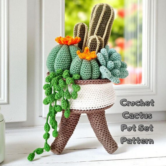 Crochet Cactus Set in Pot  Amigurumi Cactus Set  Handmade Cactus Set With  Legged Pot  Green Cacti for Gift - Etsy Israel