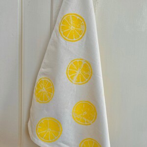 Hand Block Printed Tea Towel Lemon print flour sack, Yellow Lemon Dish Towel, Gifts Under 25, Gifts For Bakers, Mother's Day, Easter image 3