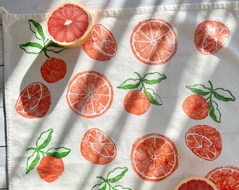 Toalla de té naranja impresa en bloque de mano-Toalla de té con estampado de frutas, regalo de anfitriona, boho, toalla de té con naranjas, toalla de té estampada a mano, ropa de cama afrutada