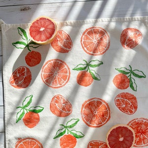 Hand Block Printed Orange Tea Towel-Fruit print tea towel, hostess gift, boho, tea towel with oranges, hand stamped tea towel, fruity linens