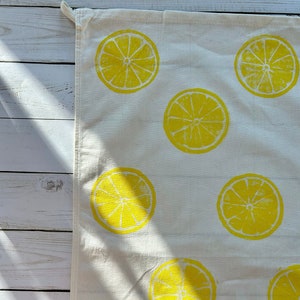 Hand Block Printed Tea Towel Lemon print flour sack, Yellow Lemon Dish Towel, Gifts Under 25, Gifts For Bakers, Mother's Day, Easter image 2