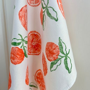 Hand Block Printed Orange Tea Towel-Fruit print tea towel, hostess gift, boho, tea towel with oranges, hand stamped tea towel, fruity linens image 2