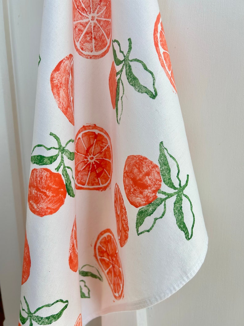 Hand Block Printed Orange Tea Towel-Fruit print tea towel, hostess gift, boho, tea towel with oranges, hand stamped tea towel, fruity linens image 2