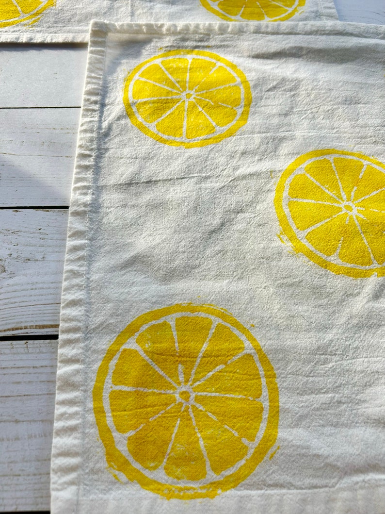 Hand Block Printed Cloth Napkins Set of 4 Lemon Print Napkins, Spring kitchen, Hostess gifts, Block printed towel, Gifts under 25,Easter image 3