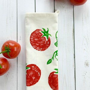 red tomato block printed tea towel 18" x 28" organic cotton