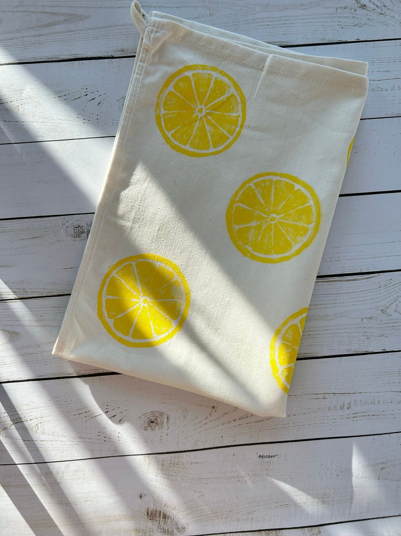 Hand Block Printed Tea Towel Lemon print flour sack, Yellow Lemon Dish Towel, Gifts Under 25, Gifts For Bakers, Mother's Day, Easter image 6