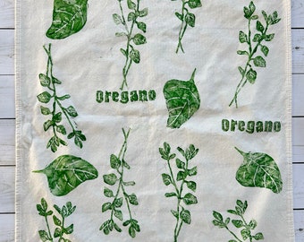 Hand Printed Green Herb Tea Towel - Herb Garden Tea Towel, Gifts under 25, Oregano Kitchen Linen, Earthy Girl Gifts, Bespoke Kitchen Linens