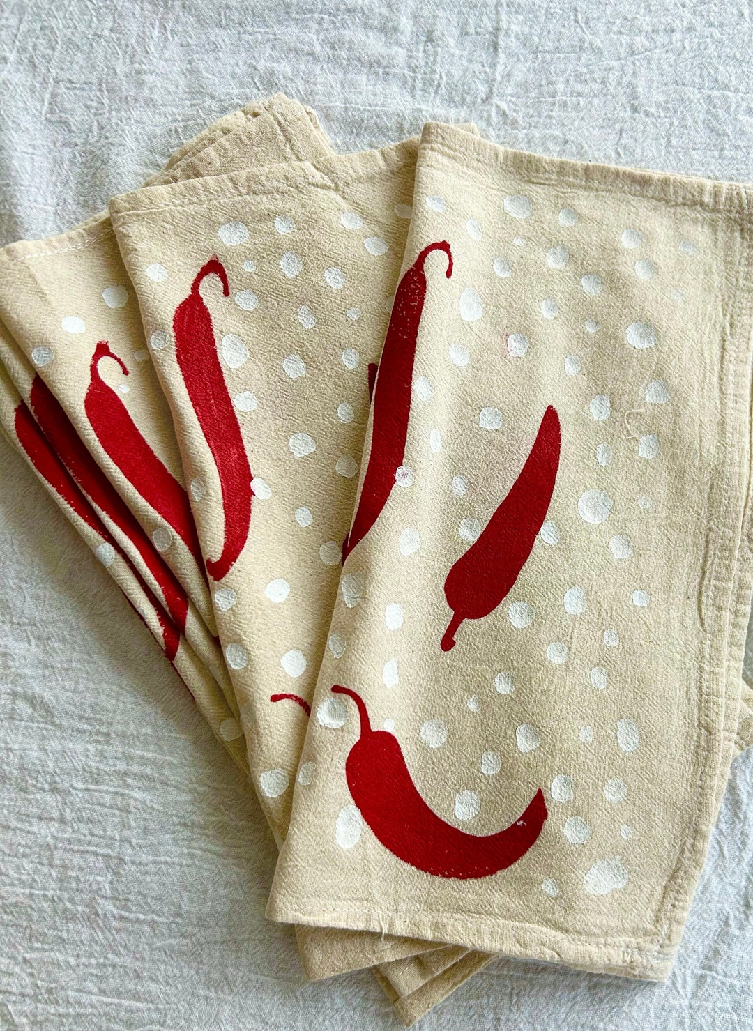 Chili Pepper Cloth Napkin Set of 4, Screen Print and Block Print, Chili
