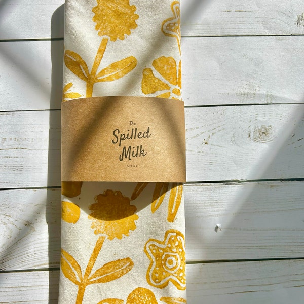 Hand Block Printed Tea Towel - Mustard Yellow Flower Tea Towel,Daisies Flour Sack, Floral Print Tea towel, Mother's Day Gift, Baking Gifts