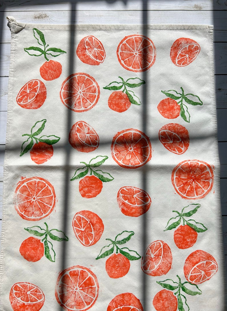 orange citrus hand printed tea towel