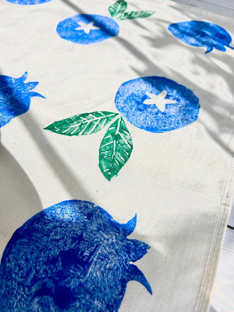 Hand Printed Tea Towel Blueberries 18 X 28 Organic Cotton Block Print Tea Towel , Blueberry dish towel, foodie fun, gifts for baker image 5