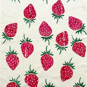 Hand Block Printed Tea Towel- 18 " x 28" Strawberry Cotton Flour Sack Towel, gifts under 25, hostess gifts, apartment gifts, fruit tea towel