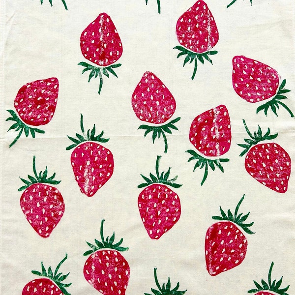 Hand Block Printed Tea Towel- 18 " x 28" Strawberry Cotton Flour Sack Towel, gifts under 25, hostess gifts, apartment gifts, fruit tea towel