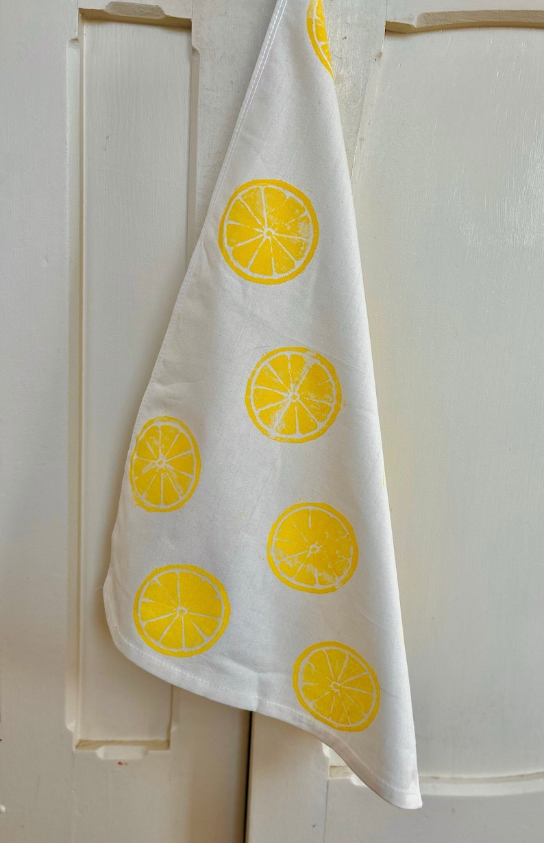 Hand Block Printed Tea Towel Lemon print flour sack, Yellow Lemon Dish Towel, Gifts Under 25, Gifts For Bakers, Mother's Day, Easter image 3