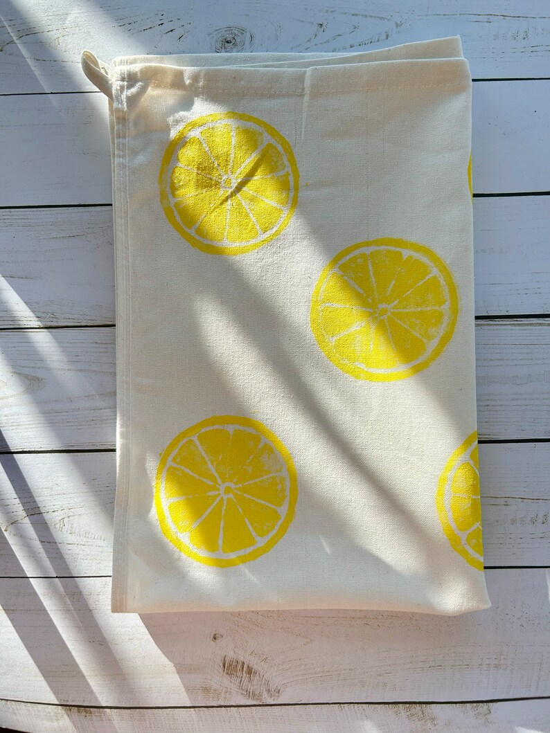 Hand Block Printed Tea Towel Lemon print flour sack, Yellow Lemon Dish Towel, Gifts Under 25, Gifts For Bakers, Mother's Day, Easter image 9