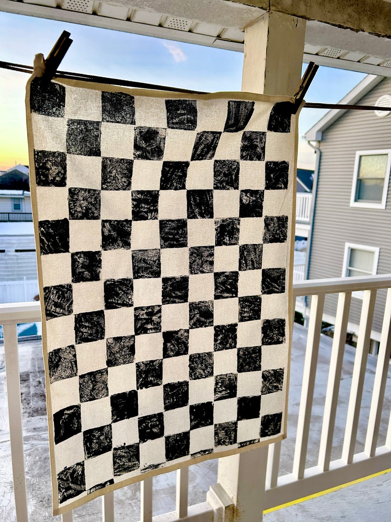 Hand Block Printed Tea Towel Black and White Checkered Print Tea Towel, retro vibe kitchen towel, gift for baker, hostess gift, home goods image 8