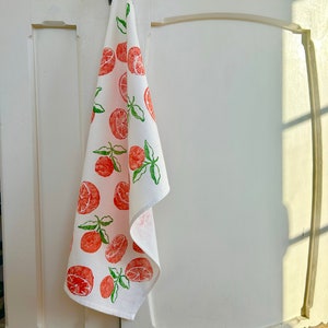 Hand Block Printed Orange Tea Towel-Fruit print tea towel, hostess gift, boho, tea towel with oranges, hand stamped tea towel, fruity linens image 6