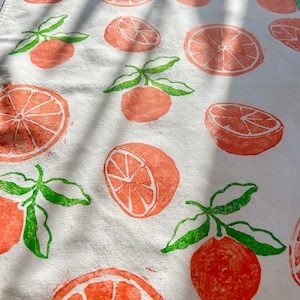 Hand Block Printed Orange Tea Towel-Fruit print tea towel, hostess gift, boho, tea towel with oranges, hand stamped tea towel, fruity linens image 7