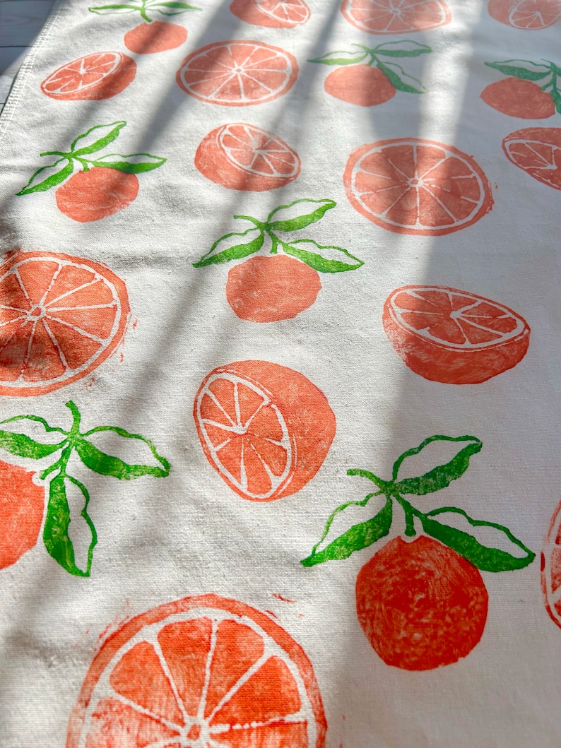 Hand Block Printed Orange Tea Towel-Fruit print tea towel, hostess gift, boho, tea towel with oranges, hand stamped tea towel, fruity linens image 7