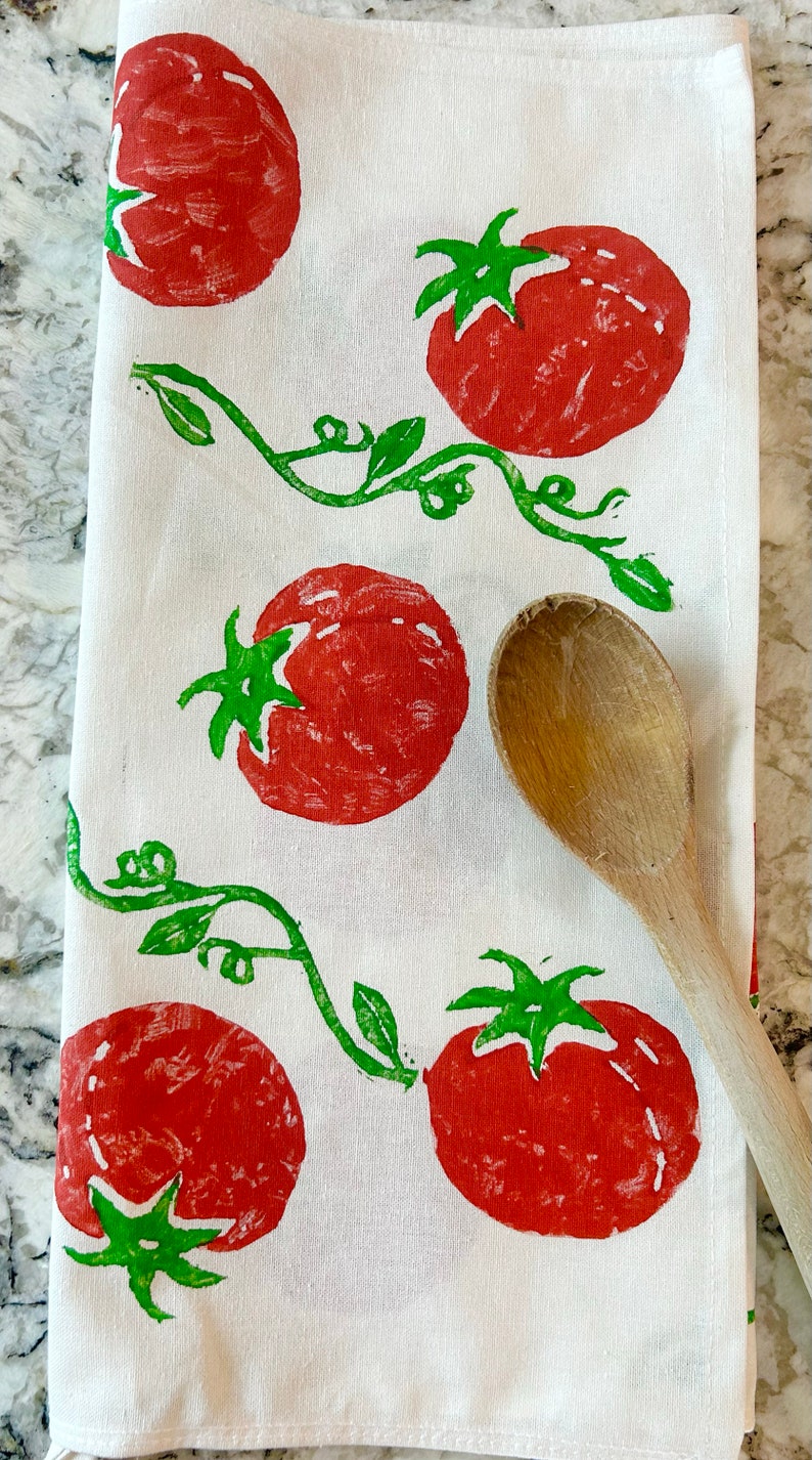 Hand Printed Tomato Tea Towel Organic Cotton, eco-friendly kitchen linens, gifts under 25, Italians, vine tomato tea towel, foodie fun image 8