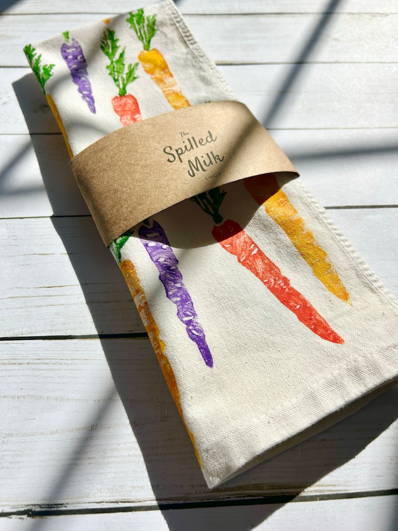 Hand Block Printed Tea Towel carrots print flour sack towel, easter tea towel, spring tea towel, spring kitchen decor, foodie fun image 3