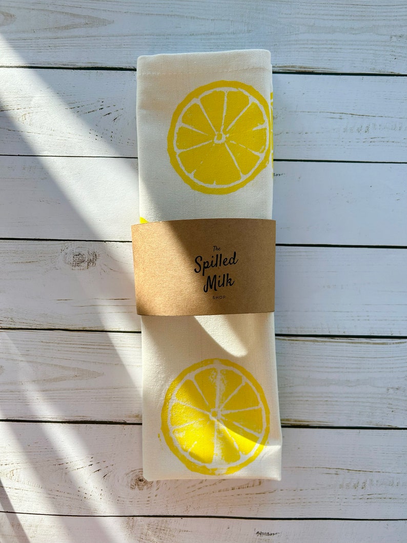Hand Block Printed Tea Towel Lemon print flour sack, Yellow Lemon Dish Towel, Gifts Under 25, Gifts For Bakers, Mother's Day, Easter image 4