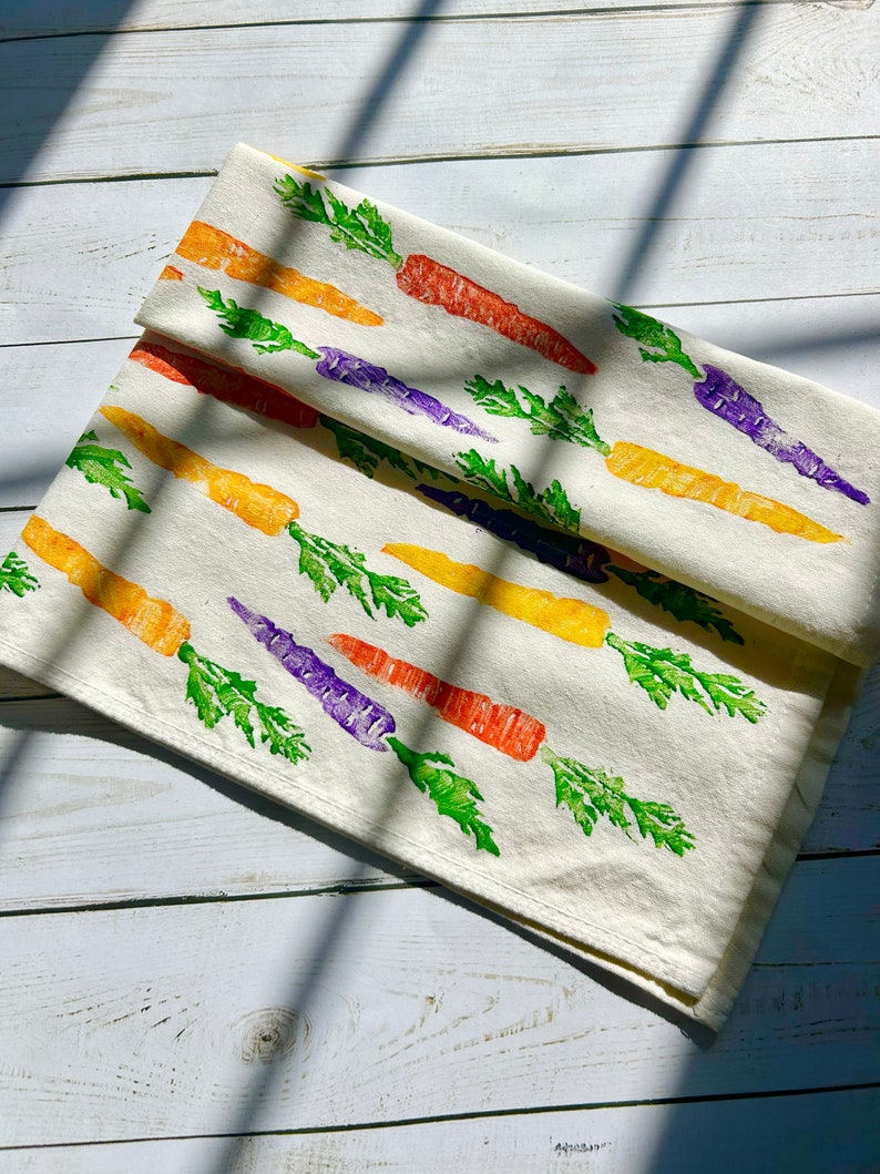 Hand Block Printed Tea Towel carrots print flour sack towel, easter tea towel, spring tea towel, spring kitchen decor, foodie fun image 10