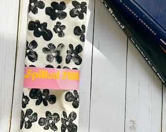 Hand Block Print Black Flower Tea Towel, Minimalist Cotton Kitchen Decor