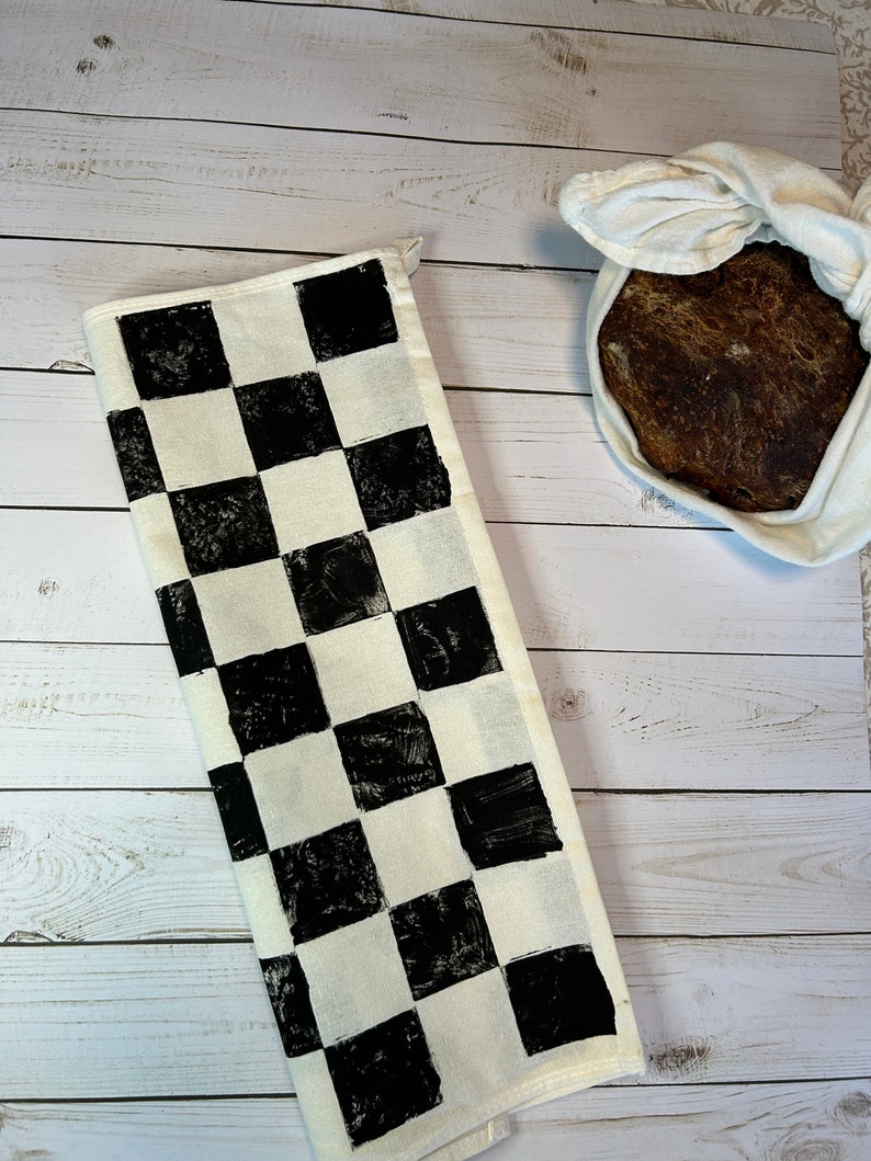 Hand Block Printed Tea Towel Black and White Checkered Print Tea Towel, retro vibe kitchen towel, gift for baker, hostess gift, home goods image 5