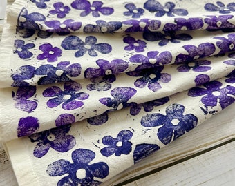 Bloc de serviettes en tissu imprimé fleurs - Lot de 4 serviettes florales indigo violet, linge de table imprimé à la main, bohème, cadeau fête des mères