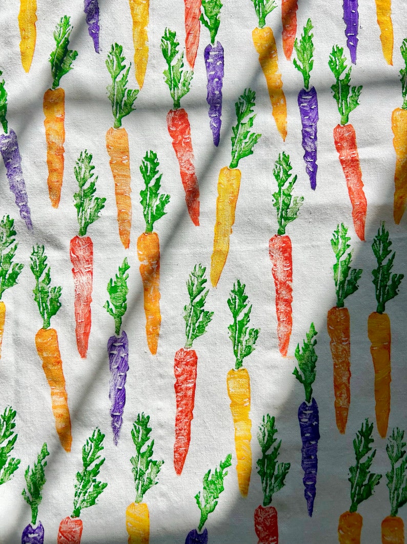 Hand Block Printed Tea Towel carrots print flour sack towel, easter tea towel, spring tea towel, spring kitchen decor, foodie fun image 1
