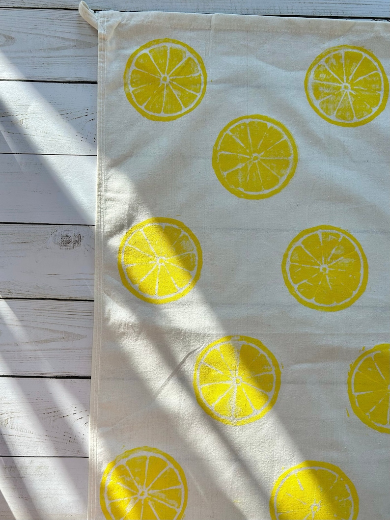 Hand Block Printed Tea Towel Lemon print flour sack, Yellow Lemon Dish Towel, Gifts Under 25, Gifts For Bakers, Mother's Day, Easter image 2