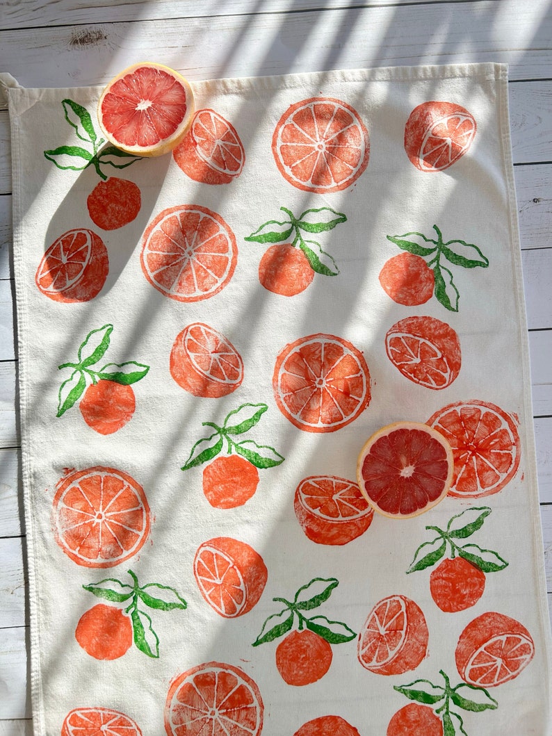 Hand Block Printed Orange Tea Towel-Fruit print tea towel, hostess gift, boho, tea towel with oranges, hand stamped tea towel, fruity linens image 1